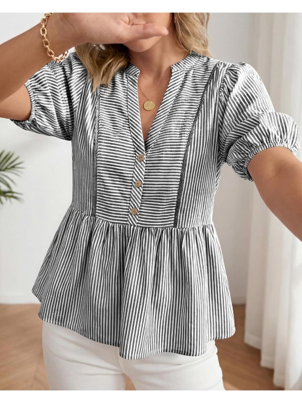 Women's Summer Tops Black Lantern Short Sleeve V Neck Button Peplum Shirts - Picture 6 of 6